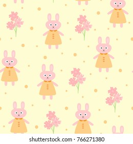 Flowers and little rabbits in dress. Cute seamless pattern for children. Pink, yellow, orange, green, black, gray colour. Endless vector illustration.
