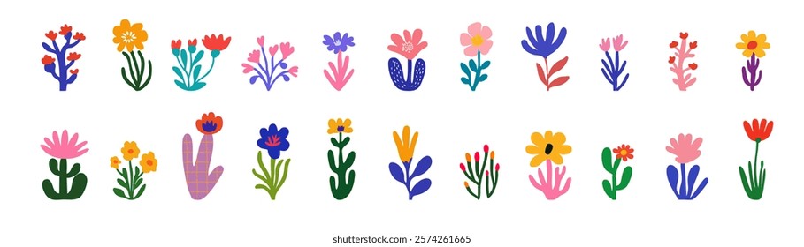 Flowers llustration set. Modern botanical papercut style with playful vibrant colors, inspired by children’s drawing and naive art. Scandinavian poster, wallpaper, textile, and boho design.