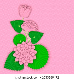 Flowers and lotus leaves in origami style on traditional oriental background. 3d vector design of banners, greeting cards, invitations to Asian holidays or events, layout of business presentations.