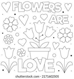 Flowers are love. Coloring page. Black and white vector illustration of flowers