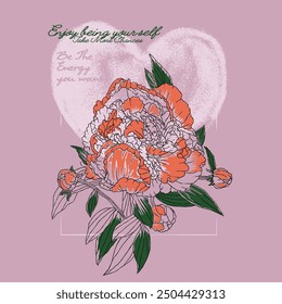 Flowers with Love together graphics, love t shirt design. love print design with heart, summer slogan with flowers illustration on Pink background