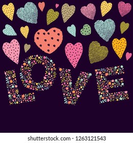 Flowers love. Love word with made of flowers. Vector illustration.