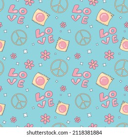 Flowers, love words, stars and wrappers on the blue background in cartoon style of 70s . Abstract seamless pattern. illustration. Vector illustration.