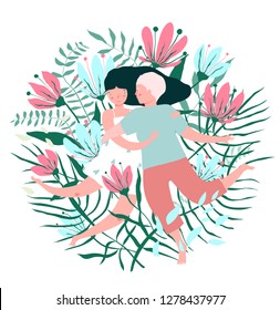 Flowers and Lovers Hug Valentine Card. Flourishing design two young lovers embracing affection.