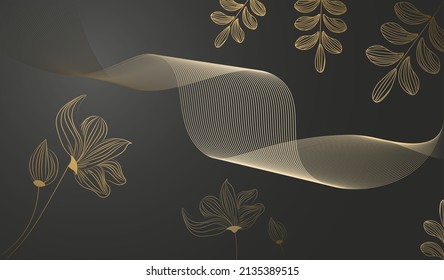 Flowers luxury background. Minimalistic plants, poster or banner for website or gold smartphone wallpaper. Place for text, abstract pictures and modern style. Cartoon flat vector illustration