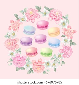 Flowers and macaroons. Wreath. Background for postcards. Vector illustration.