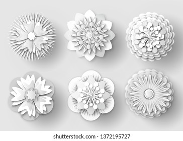 Flowers made of paper vector, isolated set of floral elements with ornaments, rounded shapes of plants with petals and foliage, shades of decoration