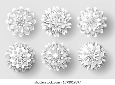 Flowers made of paper vector, isolated set of floral elements with ornaments, rounded shapes of plants with petals and foliage, shades of decoration