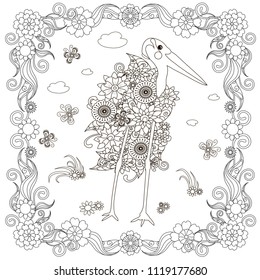 Flowers marabu in flowers frame for coloring page, design element antistress monochrome stock vector illustration