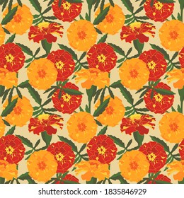 Flowers marigolds of orange and brown colors with green leaves on a light background seamless pattern. Vector illustration