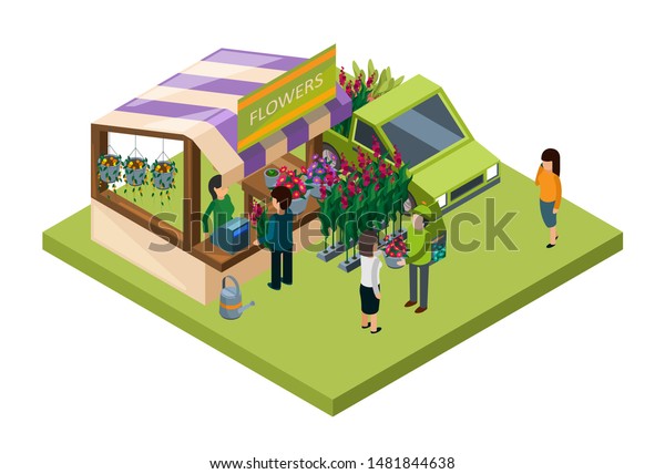 Flowers market isometric vector concept.
Sale of flowers and fertilizers 3D
illustration