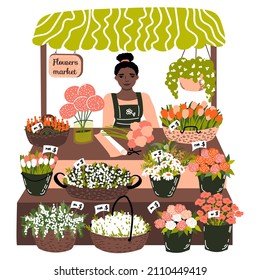 Flowers market. Stall counter with cute woman seller and buckets, baskets with different flowers. Vector illustration