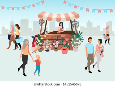 Flowers market stall with seller flat illustration. Street local store vendor selling bouquets. Florist cartoon character. Shopping booth, wooden shopping counter. Customers, people walk summer fair