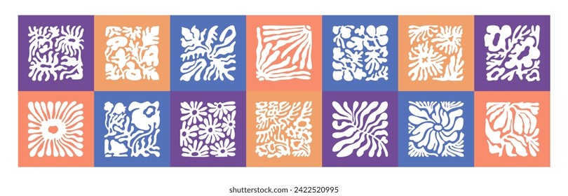 Flowers Matisse collage. Stylized abstract floral shapes art set. Groovy white leaves silhouettes on art poster in minimal style. Plant pattern in frame, interior decoration. Flat vector illustration