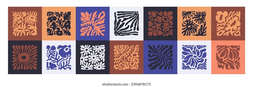 Flowers Matisse set. Abstract plant pattern. Retro art poster with floral shapes, leaves silhouettes. Groovy collage in square frames for interior decoration, home decor. Flat vector illustrations