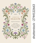 Flowers of the Meadow. Floral crest. Vector vintage illustration. Inspired by the Renaissance. Colorful