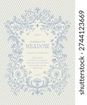 Flowers of the Meadow. Floral crest. Vector vintage illustration. Inspired by the Renaissance. Blue and white