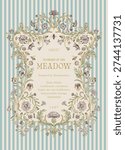 Flowers of the Meadow. Floral crest. Vector vintage illustration. Inspired by the Renaissance. Blue and gold 