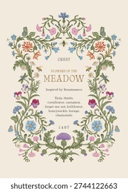 Flowers of the Meadow. Floral crest. Vector vintage illustration. Inspired by the Renaissance. Colorful