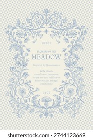 Flowers of the Meadow. Floral crest. Vector vintage illustration. Inspired by the Renaissance. Blue and white