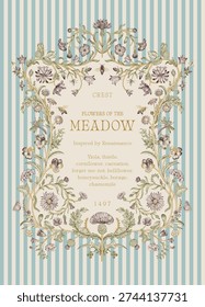 Flowers of the Meadow. Floral crest. Vector vintage illustration. Inspired by the Renaissance. Blue and gold 