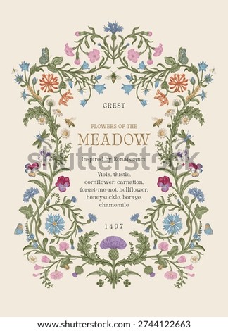 Flowers of the Meadow. Floral crest. Vector vintage illustration. Inspired by the Renaissance. Colorful