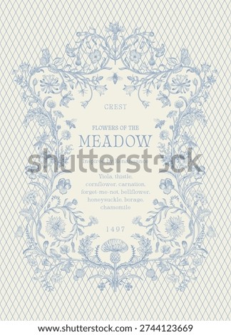 Flowers of the Meadow. Floral crest. Vector vintage illustration. Inspired by the Renaissance. Blue and white