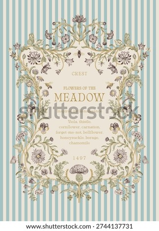 Flowers of the Meadow. Floral crest. Vector vintage illustration. Inspired by the Renaissance. Blue and gold 