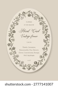 Flowers of the Meadow. Floral oval frame. Vector vintage illustration. Inspired by the Renaissance. Beige and brown