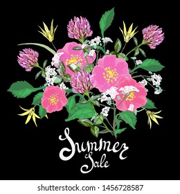 Flowers, meadow grass in a round wreath, bouquet. Realistic drawing of clover, bell, rose hip, decorative postcard, textiles, paper, clothes, dishes, holidays: Birthday, summer discounts, sale