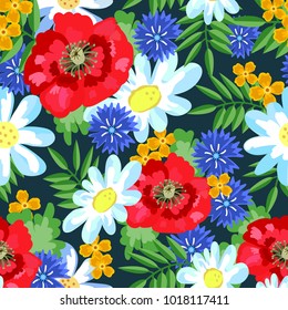 The flowers of the meadow pattern. Poppies, cornflowers, daisies for fabric, Wallpaper, cards, greetings, textiles. Fresh. Interesting, bright.