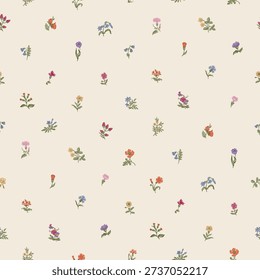 Flowers of the meadow. Seamless pattern. Vintage vector floral illustration. Small flowers, pattern like polka dot. Colorful