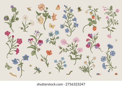 Flowers of the meadow. Set. Vintage vector floral illustration. Motif. Inspired by hand embroidery. Colorful