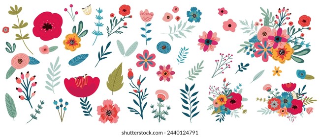 Flowers mega set in flat graphic design. Bundle elements of abstract different blooming wildflowers and spring blossoms, bouquet arrangements, herbs and plants. Vector illustration isolated objects