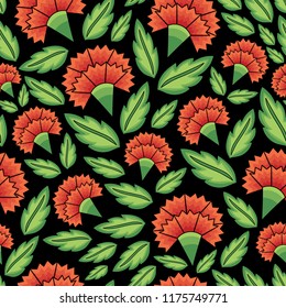 Flowers mexican folk pattern vector seamless. Traditional tehuana huipil floral embroidery ornament. Vintage red carnation background for day of the dead party, wallpaper, gift wrapping paper.