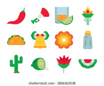 flowers and mexico icon set over white background, flat style, vector illustration