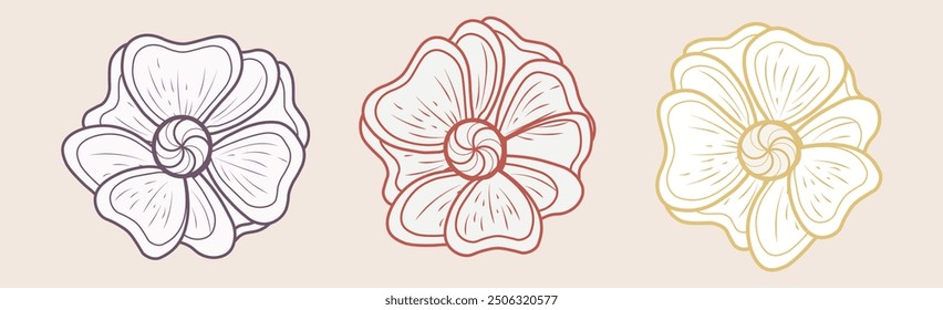 Flowers in a minimalist linear style of different colors top view on a colored background