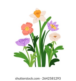 Flowers mix. Floral blossoms, different summer garden blooms with leaves, stems. Daffodil, ranunculus, fresh gentle delicate petals, buds, leaf. Flat vector illustration isolated on white background