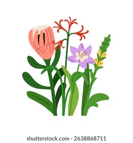 Flowers mix, floral bouquet with gorgeous protea and delicate wildflowers. Gentle blooms, leaves, stems. Spring garden and field flora. Flat vector illustration isolated on white background