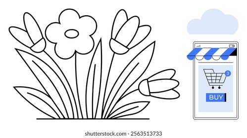 Flowers and a mobile device with a storefront and shopping cart icon emphasize online flower shopping. Ideal for e-commerce, flower delivery, online marketplaces, gardening shops, digital marketing
