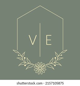 Flowers monogram. Botanical logo, line leaves and flower geometric frame, elegant outline floral logotype, organic emblem and label, spa and beauty salon, minimal design vector illustration