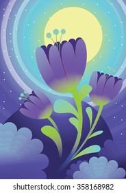 Flowers at moon night. vector illustration