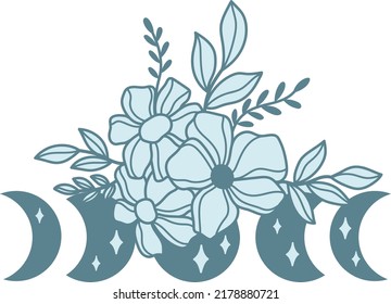 Flowers moon phases vector illustration. Florals celestial blue moon