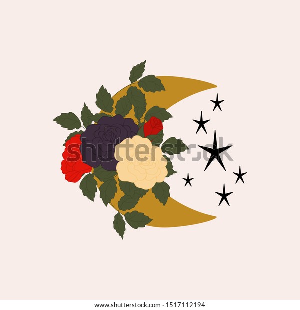 Flowers, moon and starts\
illustration, perfect to use on the web or in print, for surface\
design