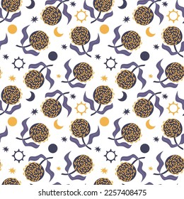 Flowers and moon, sun. Mystic. Vector illustration, seamless pattern
