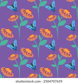 Flowers and moths seamless pattern design on purple background
