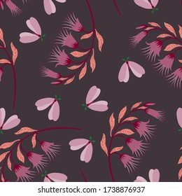Flowers and moths in violet vector seamless pattern for decoration, packaging, textile