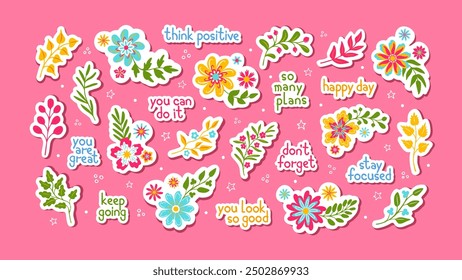 Flowers and motivational phrases, hand drawn Y2K stickers. For journal or diary, surfaces etc