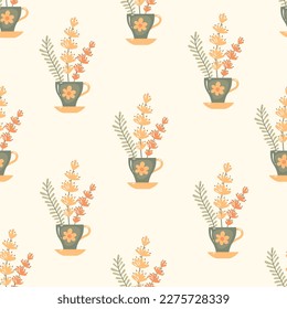 Flowers in mug seamless pattern. Cute floral repeat background with vector illustration of tea cup and bouquet