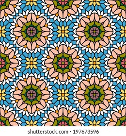 Flowers, multicolor seamless pattern,vector illustration in stained glass window or mosaic style 